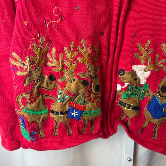 VTG Tiara International Christmas Reindeer Zip Cardigan Sweater Small Holiday - Picture 3 of 5